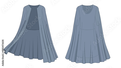 Elegant flowing garment flat sketch showcasing a long, draped design. Technical drawing of a sophisticated blue dress or cape ensemble with graceful