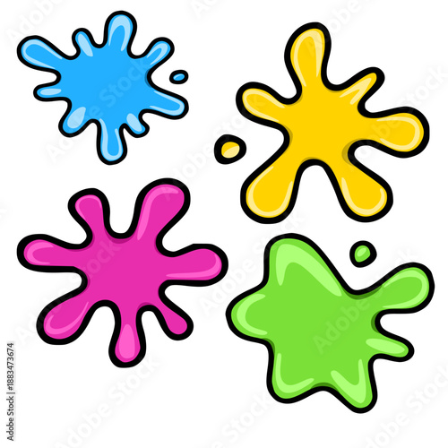 Vibrant vector splashes of blue, yellow, pink, and green paint blobs with glossy highlights and black outlines, isolated on white.