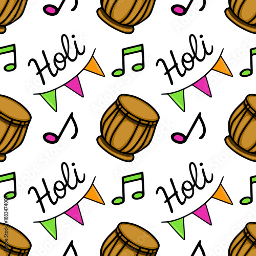 Seamless vector pattern of colorful Holi celebration elements with dhol drums, music notes, and festive flags