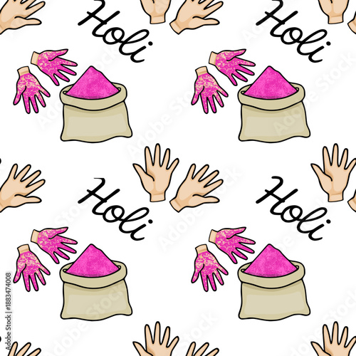 Seamless vector pattern with "Holi" text, hands, and bags of pink powder