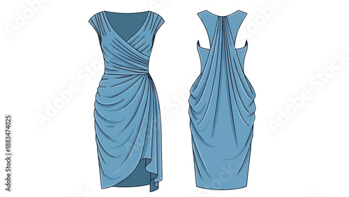Technical fashion flat sketch of a elegant blue draped dress, front and back views, perfect for apparel design, showcasing intricate fabric folds