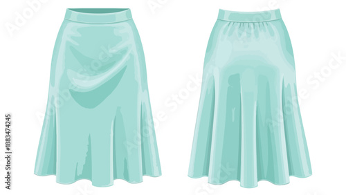 Elegant flowing midi skirt in tranquil aqua blue displayed from front and back views on a clean white background, highlighting its graceful drape