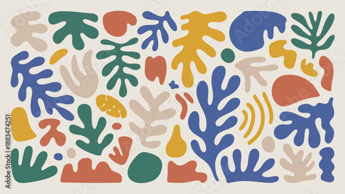 An appealing arrangement of multi colored organic shapes creating an interesting dynamic visual pattern