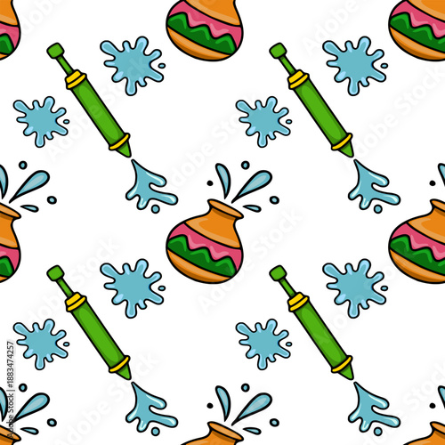 Seamless vector pattern of colorful pichkaris and water splashes for Holi festival celebration