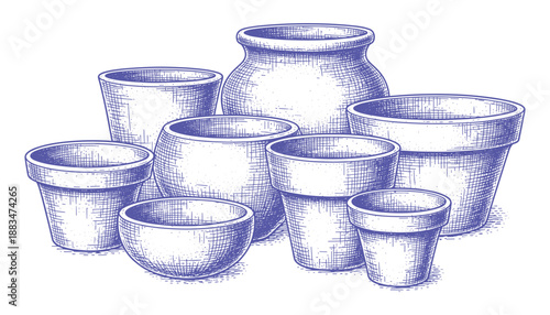 Assortment of gardening flower pots and planters in various sizes for cultivating plants