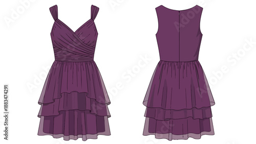 Elegant purple tiered dress design illustration with v-neck and ruched bodice showcasing detailed front and back views for fashion garment creation