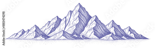 Sharp rugged mountain range illustrated with purple line art drawing technique