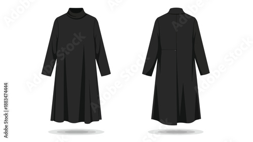 Sophisticated black turtleneck midi dress flat vector illustration showcasing front and back apparel design for women's contemporary fashion style.