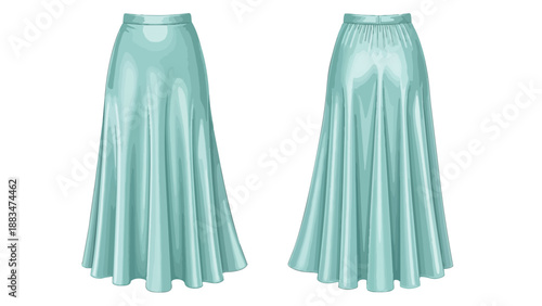 Elegant flowing teal maxi skirt with soft pleats, front and rear views, chic fashion apparel