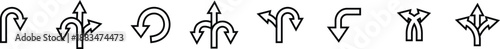 Road Arrow Line Style Vector Icon Set, Traffic Direction Symbol Collection and Navigation Outline Graphic Group Featuring Turn, Curve and Wayfinding Arrow Signs