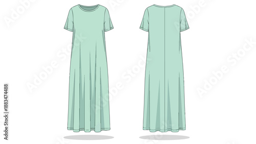 Women's long t-shirt dress flat technical sketch showcasing front and back views of a flowing, relaxed garment. Presented in a gentle pale green