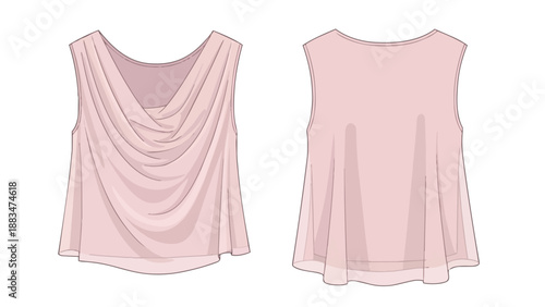 Elegant sleeveless women's pink blouse technical fashion flat sketch featuring a draped cowl neck design and a relaxed silhouette perfect for