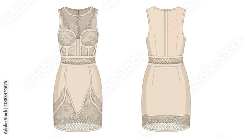Sophisticated beige sleeveless mini dress technical flat sketch showcasing intricate lace details and modern fitted silhouette for fashion design