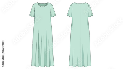 Simple elegant short-sleeve maxi dress flat sketch, front and back views for fashion garment creation. Essential apparel technical drawing template