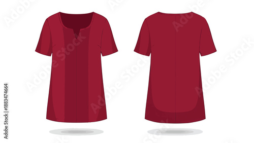 Vivid crimson women's short-sleeve tunic dress vector illustration, presenting detailed front and back views for fashion design and apparel mockups