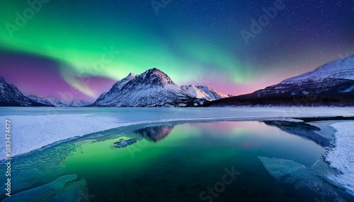 Aurora Borealis Over Frozen Lake Reflecting Colorful Sky And Lights Northern