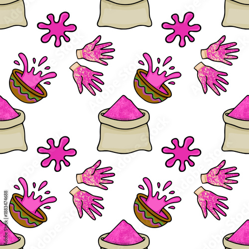 Seamless Holi festival pattern vector with pink powder, splashes, and hands