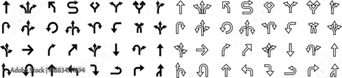 Road Arrow Flat Line Style Vector Icon Set, Traffic Direction Symbol Collection and Navigation Outline Graphic Group Featuring Turn, Curve and Wayfinding Arrow Signs