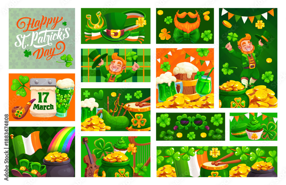 Obraz premium Happy St Patricks day holiday collage. Saint Patrick celebration vector banner, spring Irish party collage. Ireland holiday greeting card with leprechaun, coins, ale, musical instruments, clovers