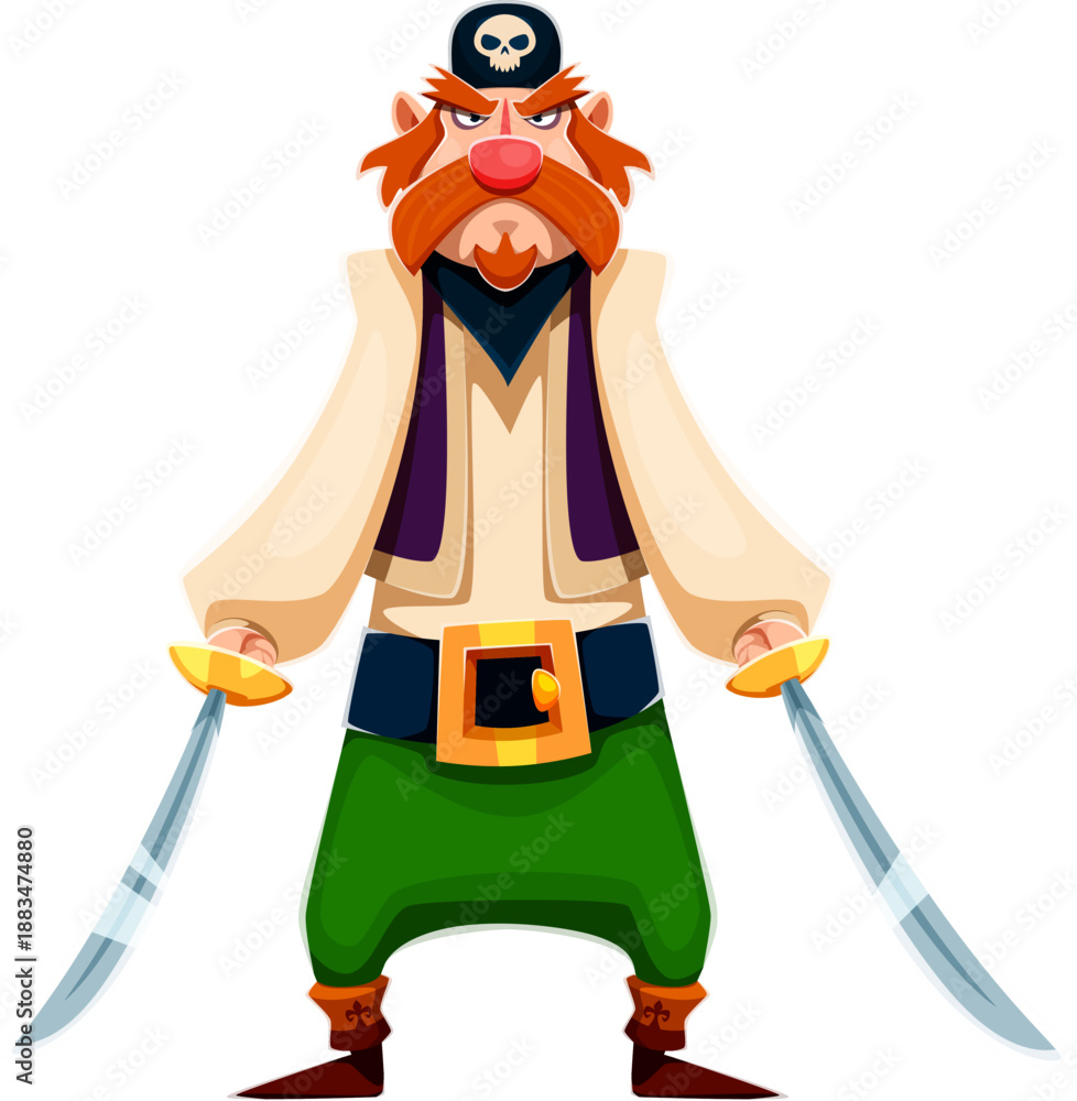 Fototapeta premium Cartoon pirate warrior character standing with both arms extended, gripping two curved cutlasses. Fierce corsair character with a large red mustache and beard. Vector swashbuckling sea rover personage