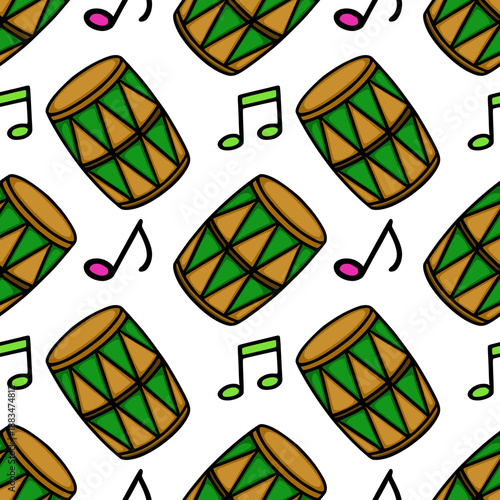 Seamless vector pattern of cartoon drums and music notes, festive celebration design