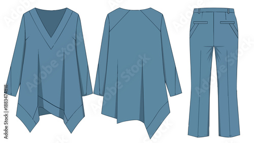 Stylish casual wear technical flat design illustrating an asymmetrical tunic blouse and straight-leg trousers set