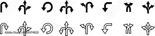 Road Arrow Flat Line Style Vector Icon Set, Traffic Direction Symbol Collection and Navigation Outline Graphic Group Featuring Turn, Curve and Wayfinding Arrow Signs
