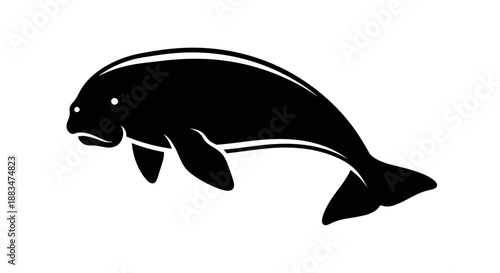Black Silhouette of a Manatee Swimming Underwater.