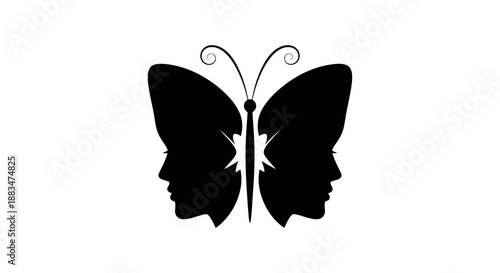 Optical Illusion Butterfly with Two Faces Silhouette.