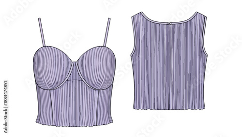 Contemporary ribbed lavender fashion top technical flat drawing for apparel design documentation
