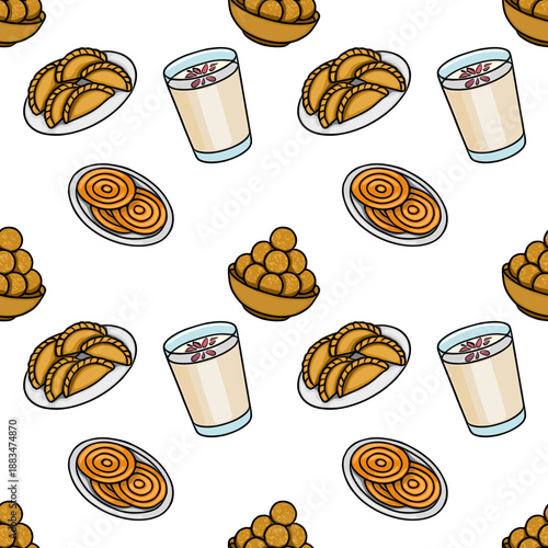 Seamless vector pattern of Indian sweets and drinks, perfect for festive designs