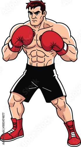 Muscular male boxer in fighting stance wearing red gloves and boots, cartoon style vector illustration for sports and fitness content