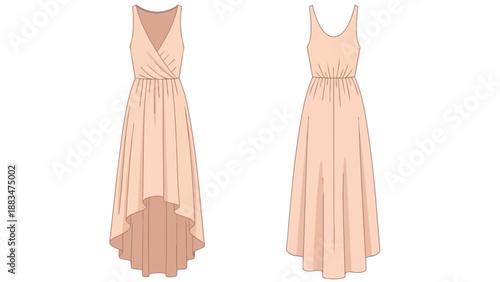 Detailed fashion flat sketch presenting a versatile high-low dress with a v-neck front and scoop back, highlighting its flowing silhouette and