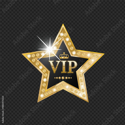 A glittering gold vip star icon with sparkling lights and crown, representing premium and exclusive status.