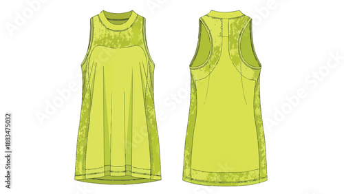 Sleeveless racerback top fashion flat, front and back, in vivid lime green for technical design, ideal for sportswear apparel development production
