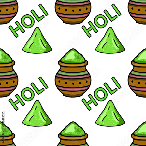 Seamless vector pattern of green Holi powder in pots and text, festive background illustration