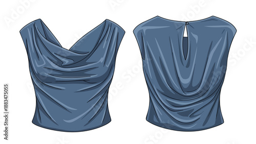 Elegant sleeveless blouse illustration with a beautifully draped cowl neckline and a chic keyhole back design in a stylish denim blue hue fashion