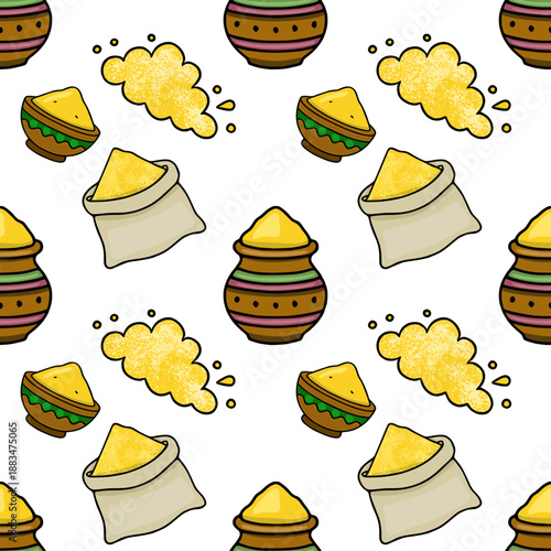 Seamless vector pattern of colorful pots and bags filled with yellow powder, representing Holi festival elements.