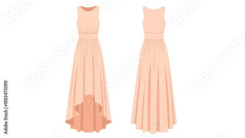 Elegant sleeveless high-low peach dress illustration, perfect for modern fashion designs and special occasion apparel showcases, featuring a