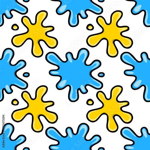 Seamless vector pattern of bright yellow and blue paint splatters on white background
