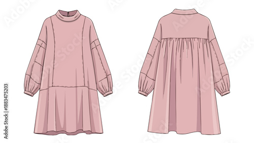 Contemporary pink shift dress technical drawing featuring bishop sleeves and gathered hemline