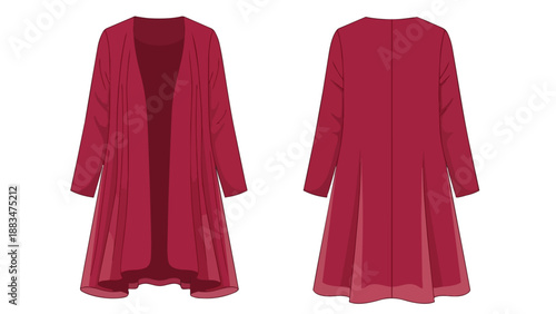 A stylish burgundy long-sleeved open-front cardigan technical flat sketch vector illustration for fashion design and apparel production templates