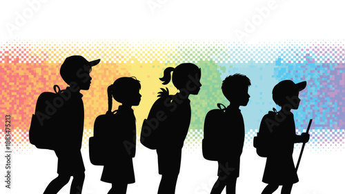 Five children silhouettes wearing backpacks walk in a line against a vibrant pixelated rainbow