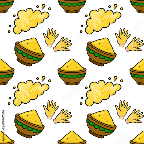 Seamless vector pattern of colorful Holi powder in bowls and hands with textured yellow clouds and dots