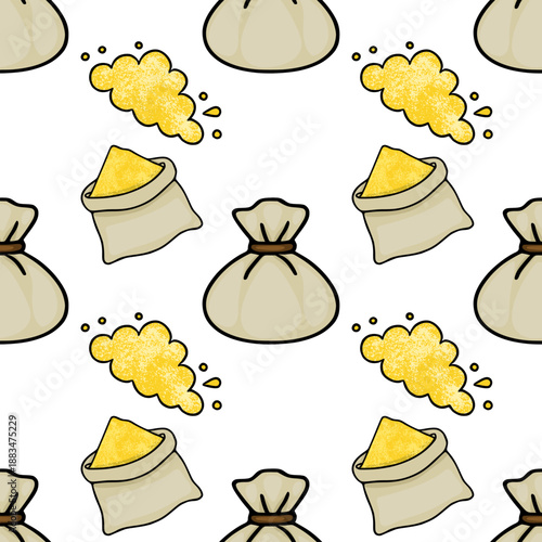 Seamless vector pattern of burlap sacks filled with golden cornmeal or flour, with scattered dots and speckles.