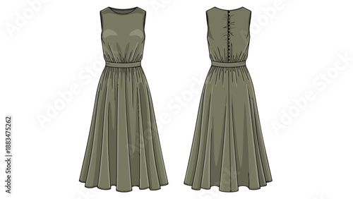 Elegant sleeveless maxi dress technical flat illustration front and back views in muted olive green color with cinched waist and button detailing on