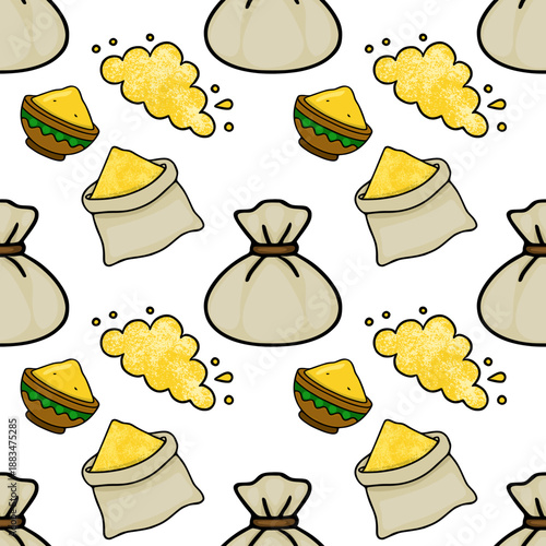 Seamless vector pattern of burlap sacks filled with yellow grains and small triangle-shaped food items, with scattered yellow dust clouds.