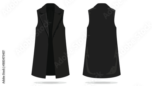 Elegant black sleeveless blazer vector illustration, front and back views displayed for modern fashion design mockups, perfect for contemporary