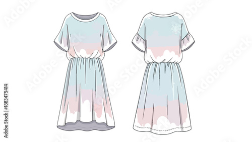 A beautifully rendered artistic illustration of a graceful, relaxed fit short-sleeve dress displaying a soft pastel ombre transition for