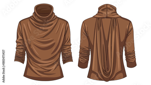 Contemporary fluid brown cowl neck long-sleeve blouse vector art illustration featuring distinct front and artistic draped back for diverse apparel